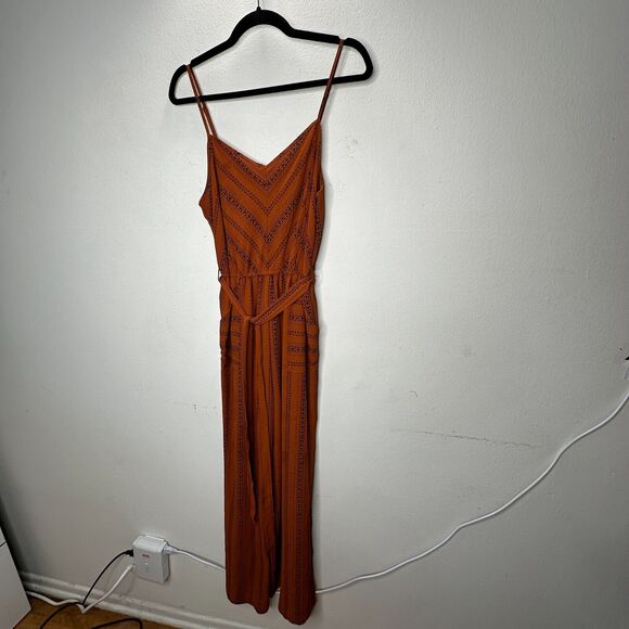 E & M Rust & Black Aztec Print V-Neck Spaghetti Strap Pockets Tie Waist Jumpsuit - Picture 4 of 16